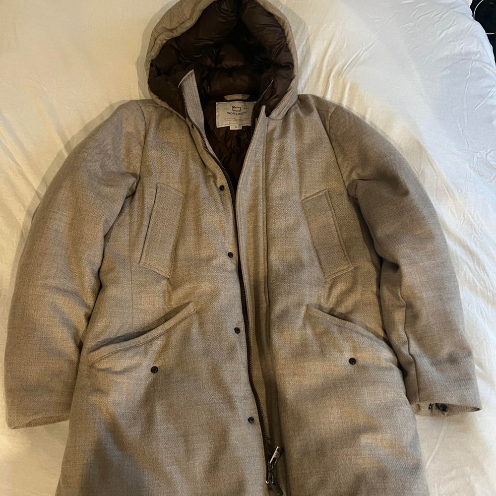 Beige Woolrich Men's Parka in Italian Wool & Silk Blend with Loro Piana Fabric